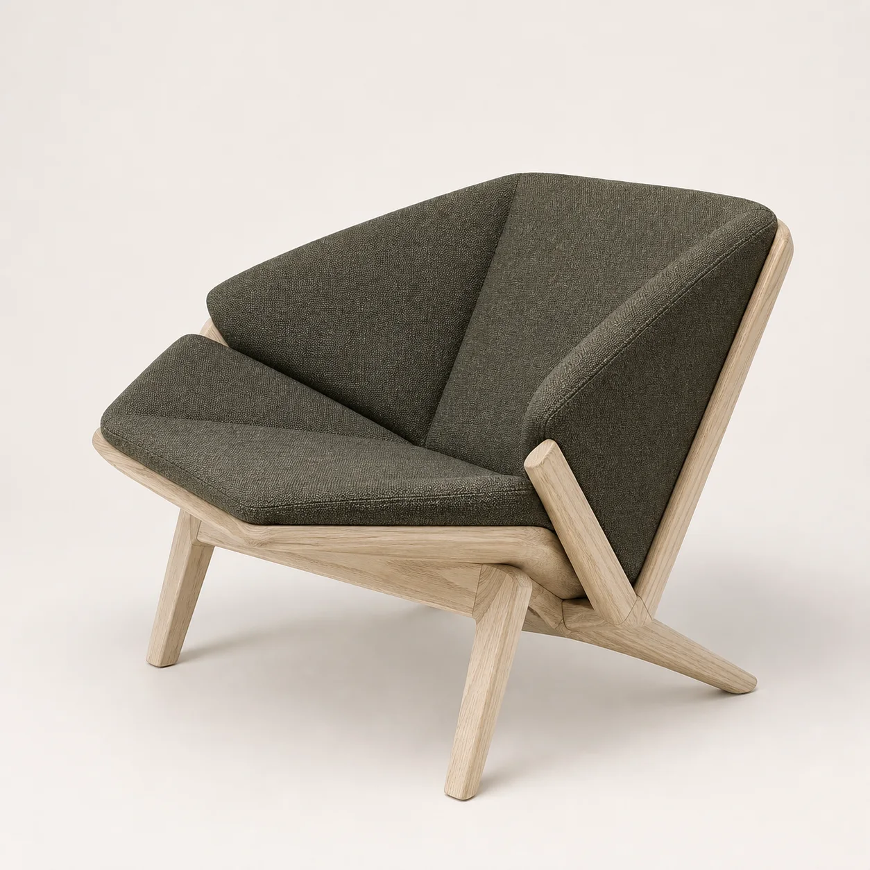 Fold Lounge Chair studio concept visual in pale ash, moss-grey textile