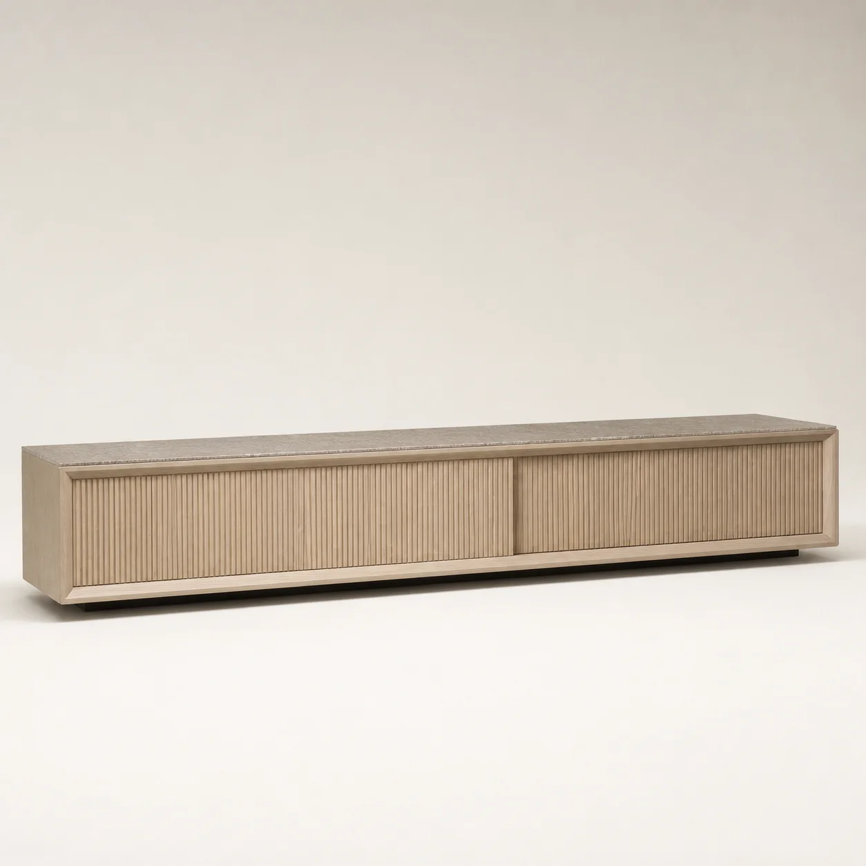 Kiri Slat Console studio concept visual in pale ash, grey stone, charcoal interior