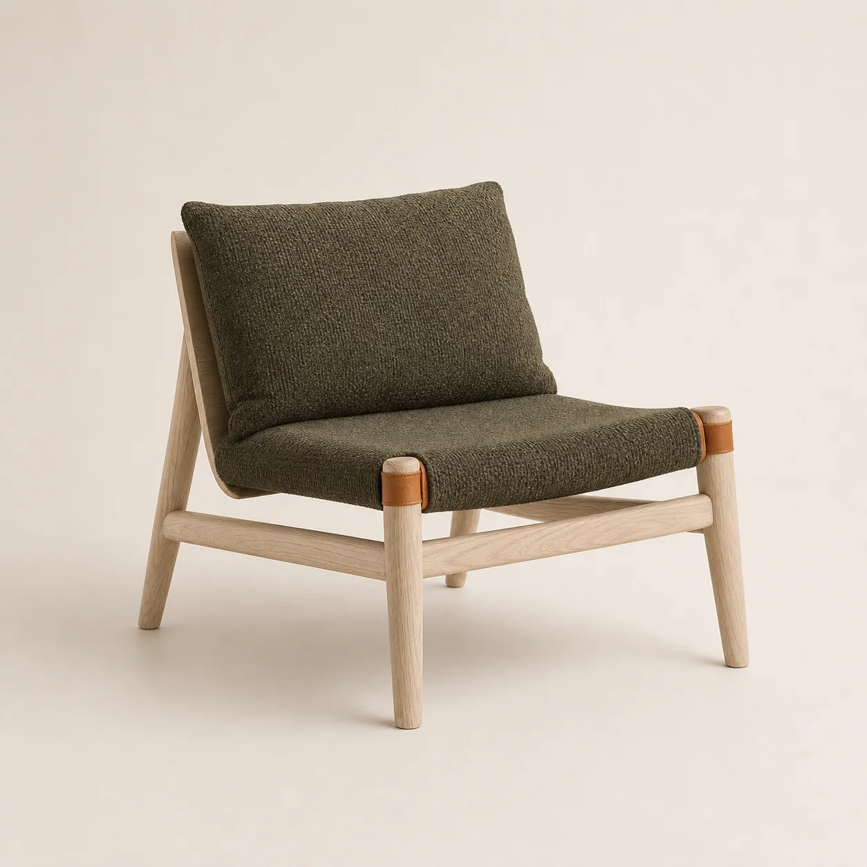 Mori Lounge Chair studio concept visual in pale ash, moss textile, natural leather