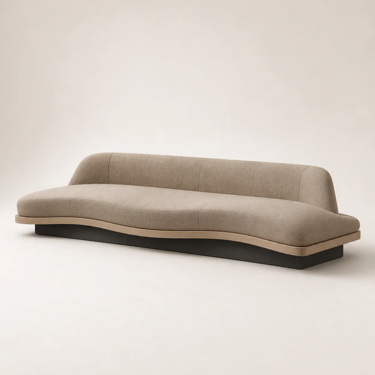 Nami Low Sofa studio concept visual in warm flax linen, charcoal recessed base