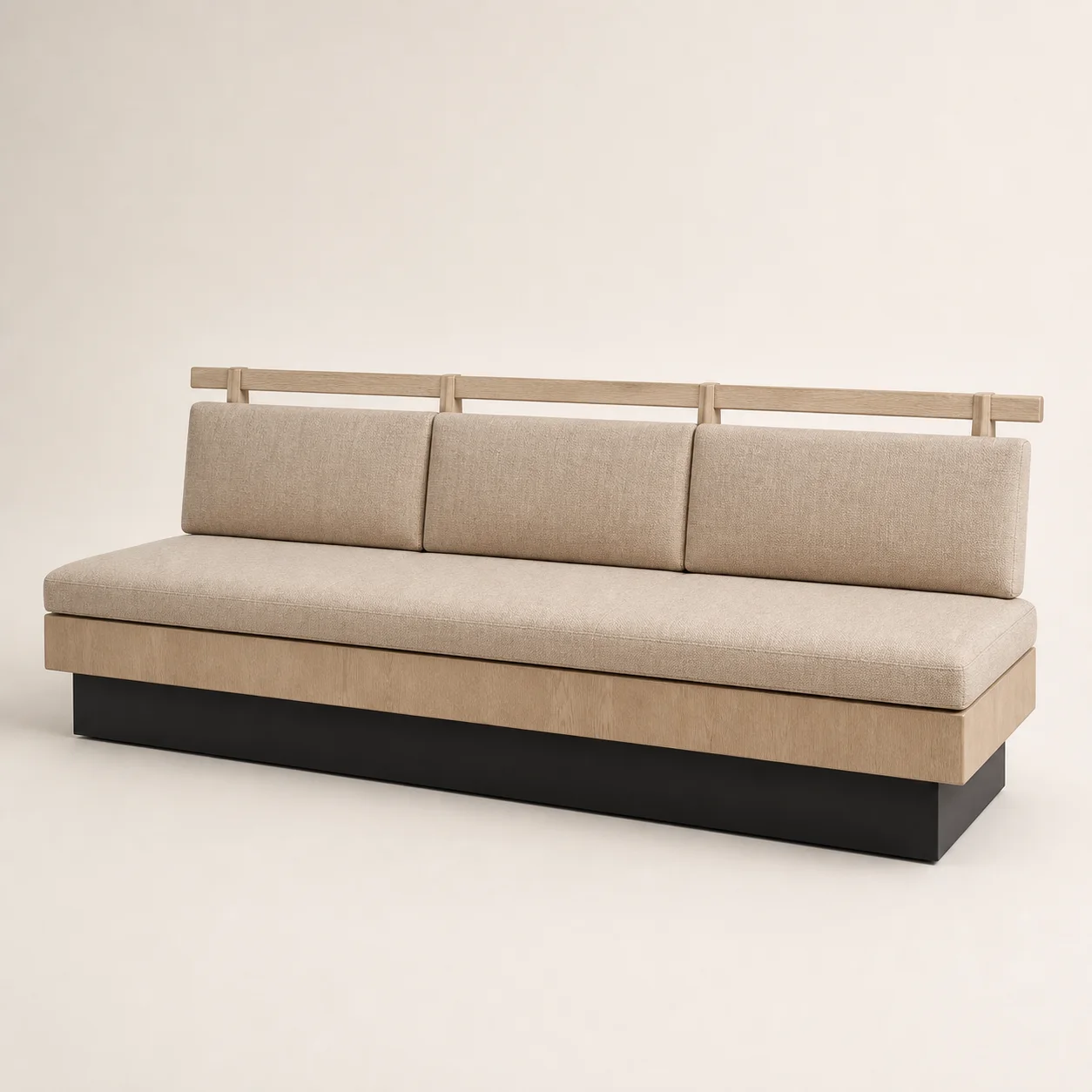 Noren Banquette studio concept visual in warm flax linen, pale ash
