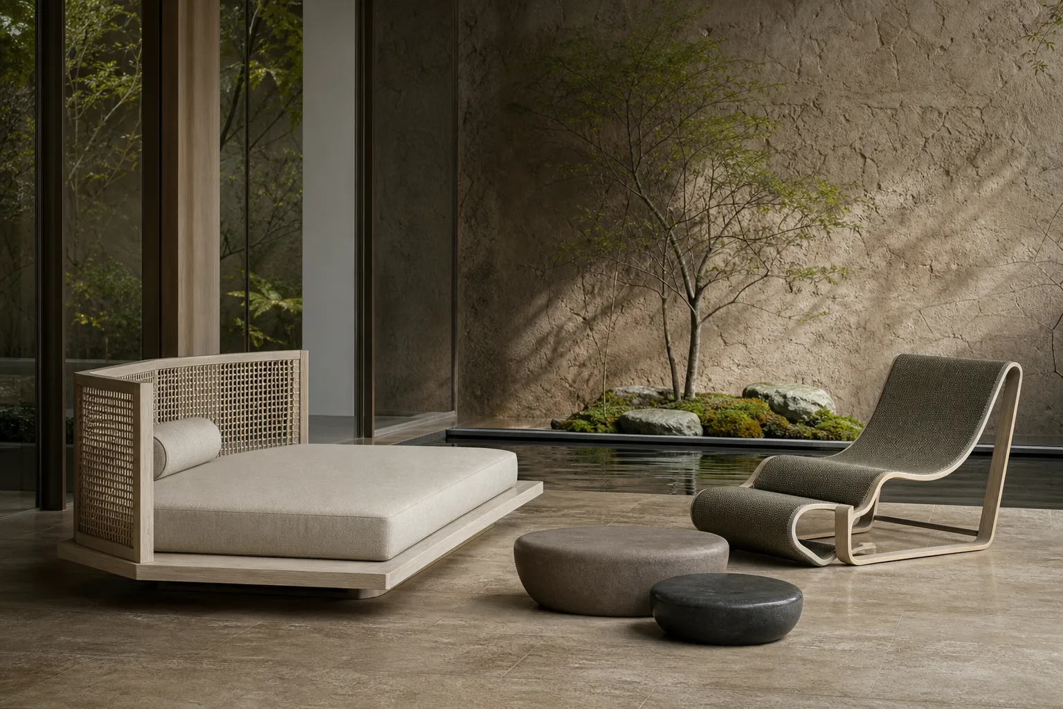 Stillness spa lounge with low daybed, tea table and reclining lounge chair