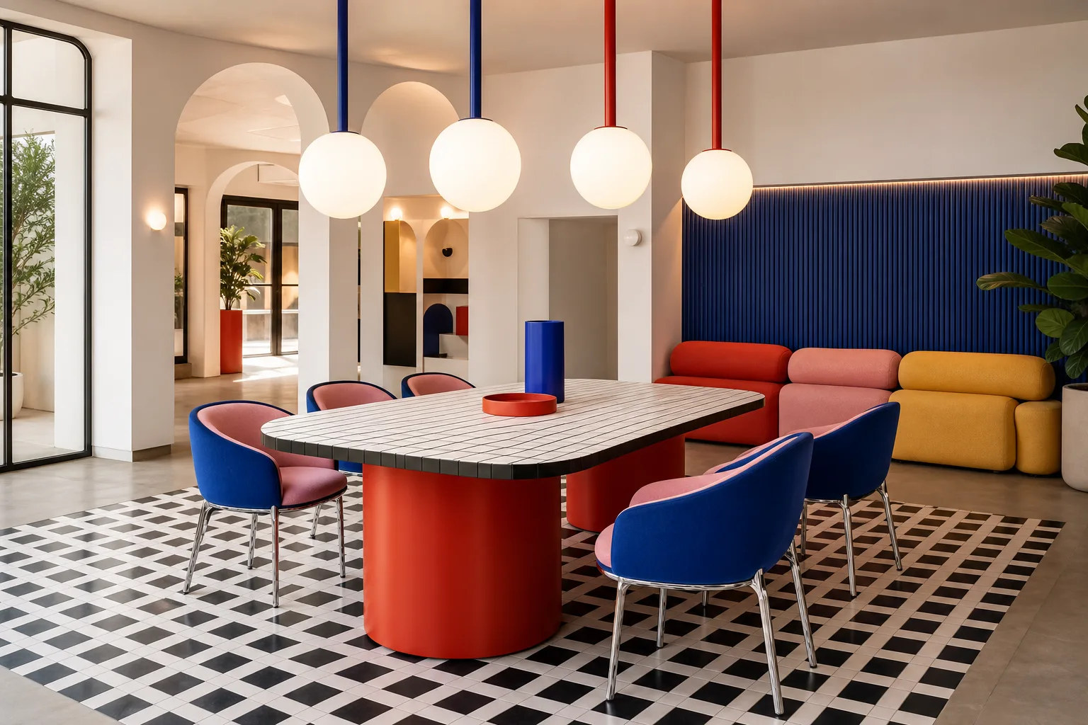 Pop modern restaurant with checker table, colourful chairs and globe pendants