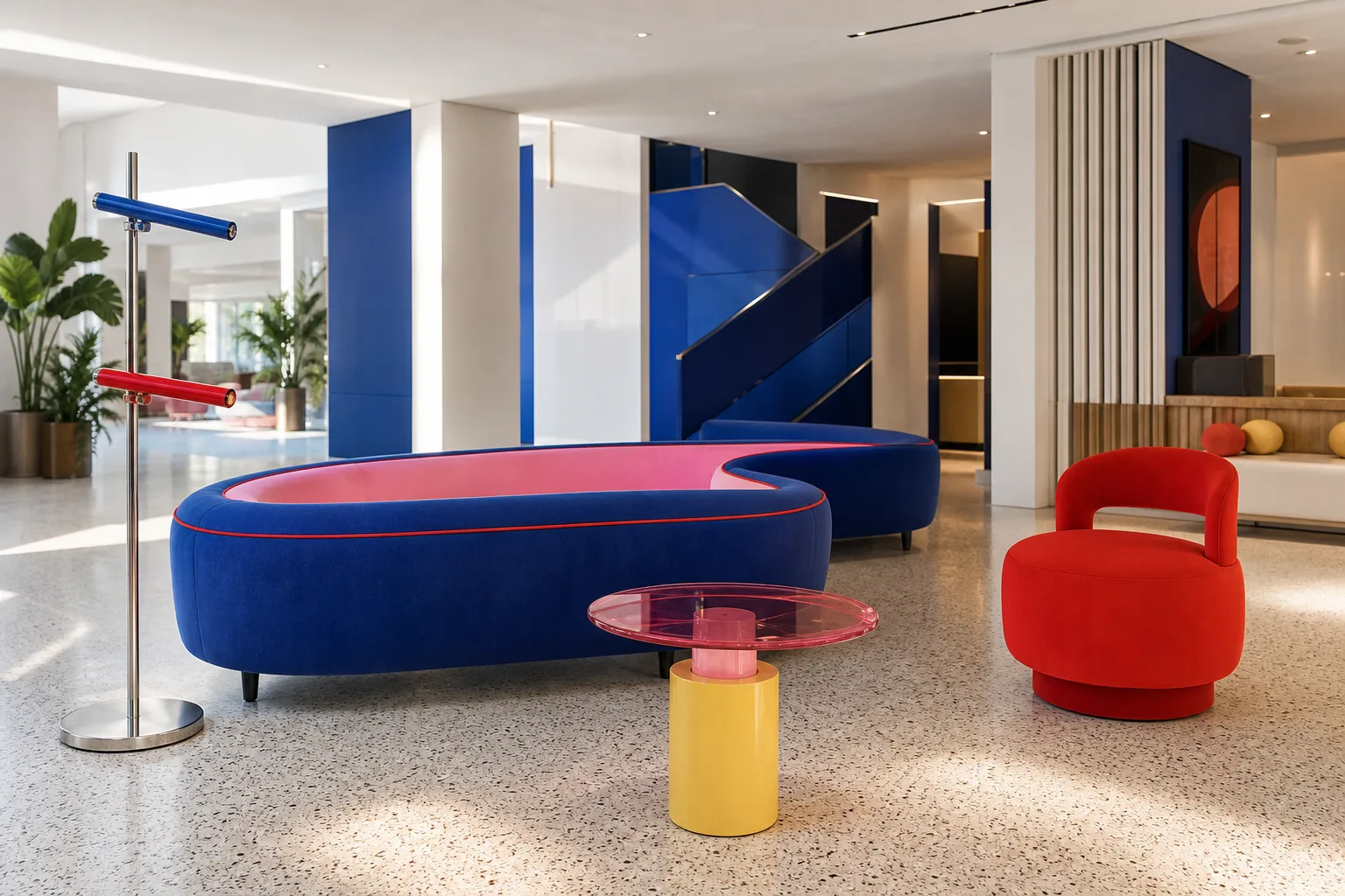 Colourful lifestyle hotel lobby with serpentine sofa and sculptural lighting