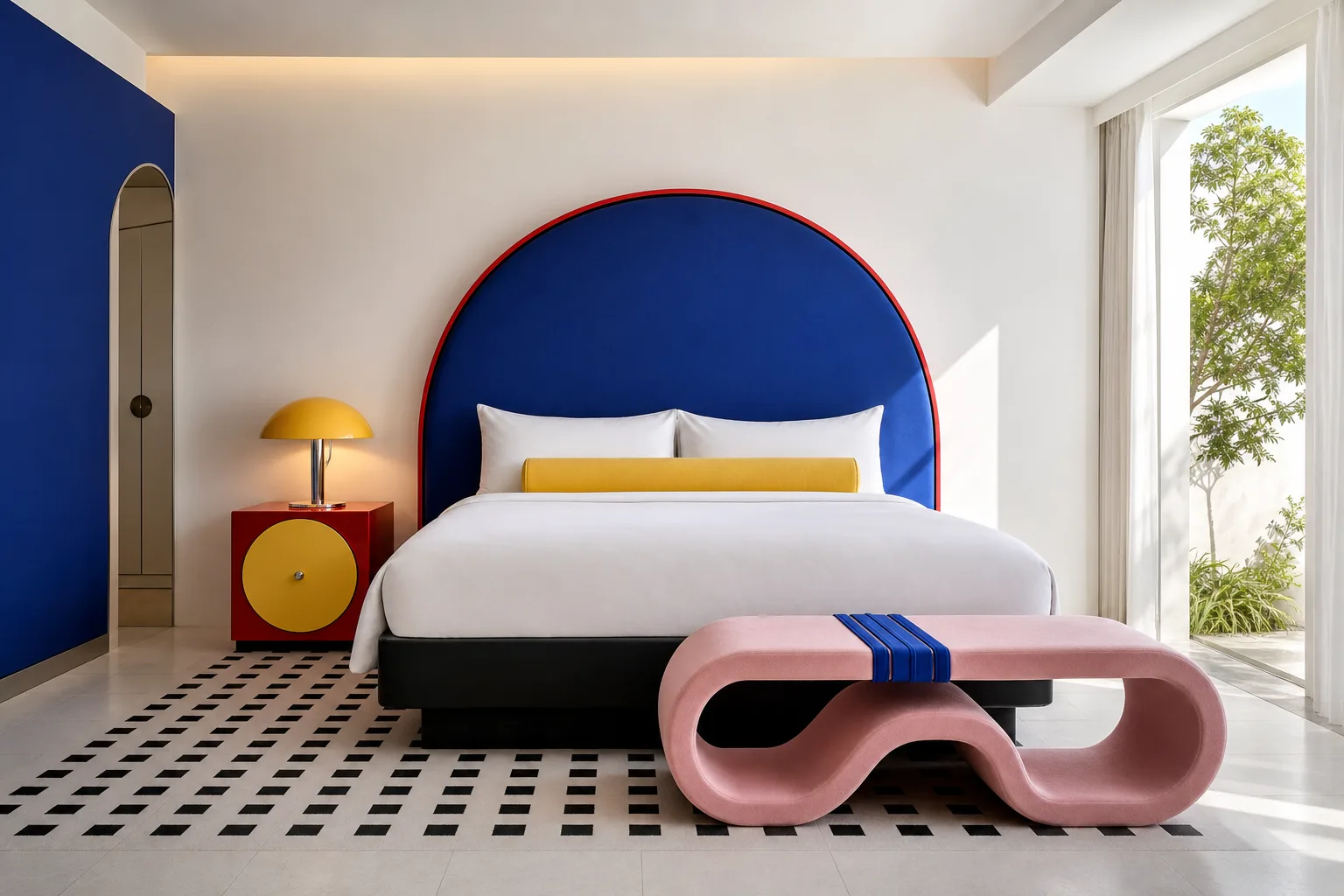 Pop modern hotel guest room with cobalt arch bed, red nightstand and yellow mushroom lamp