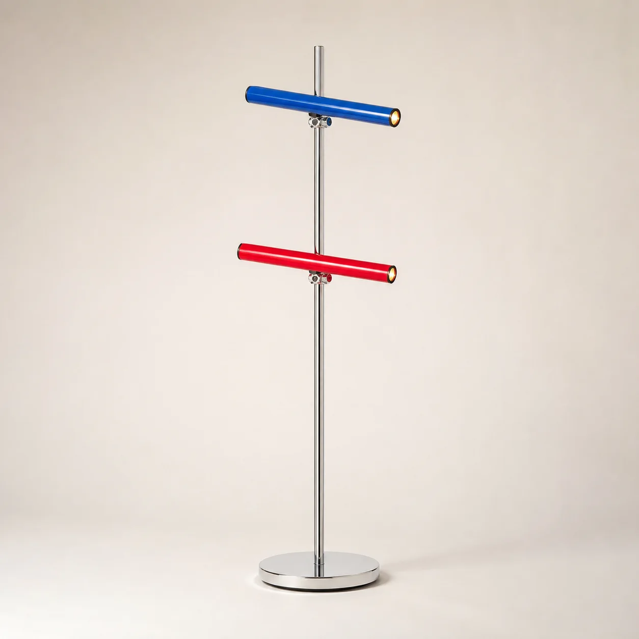 Beam Floor Lamp studio concept visual in polished chrome, cobalt and red light bars