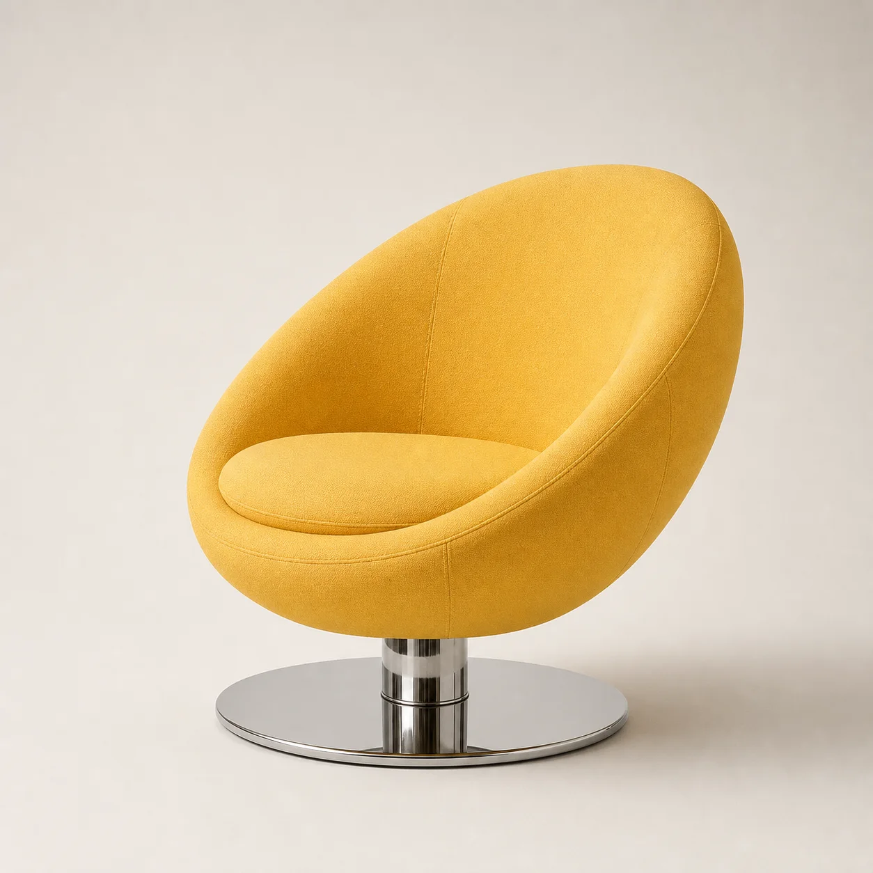 Bubble Shell Chair studio concept visual in butter-yellow textile, polished chrome