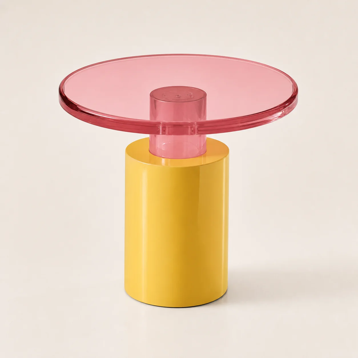 Candy Side Table studio concept visual in pink glass, butter-yellow base