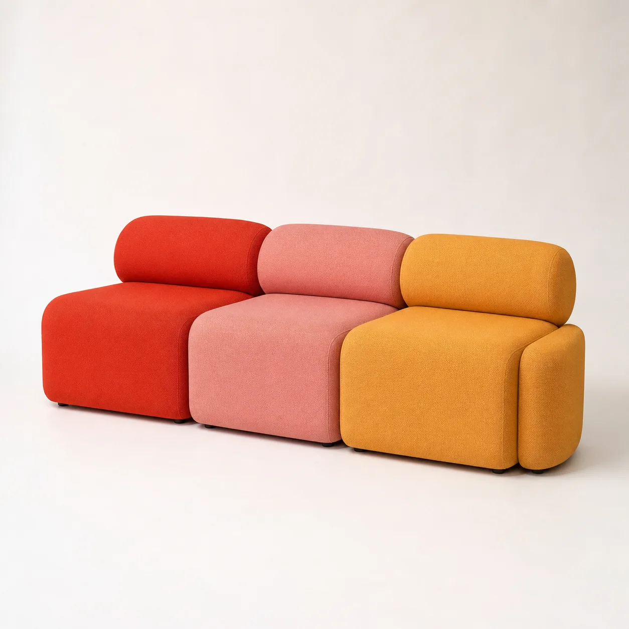 Capsule Banquette studio concept visual in tomato, pink and butter-yellow upholstery