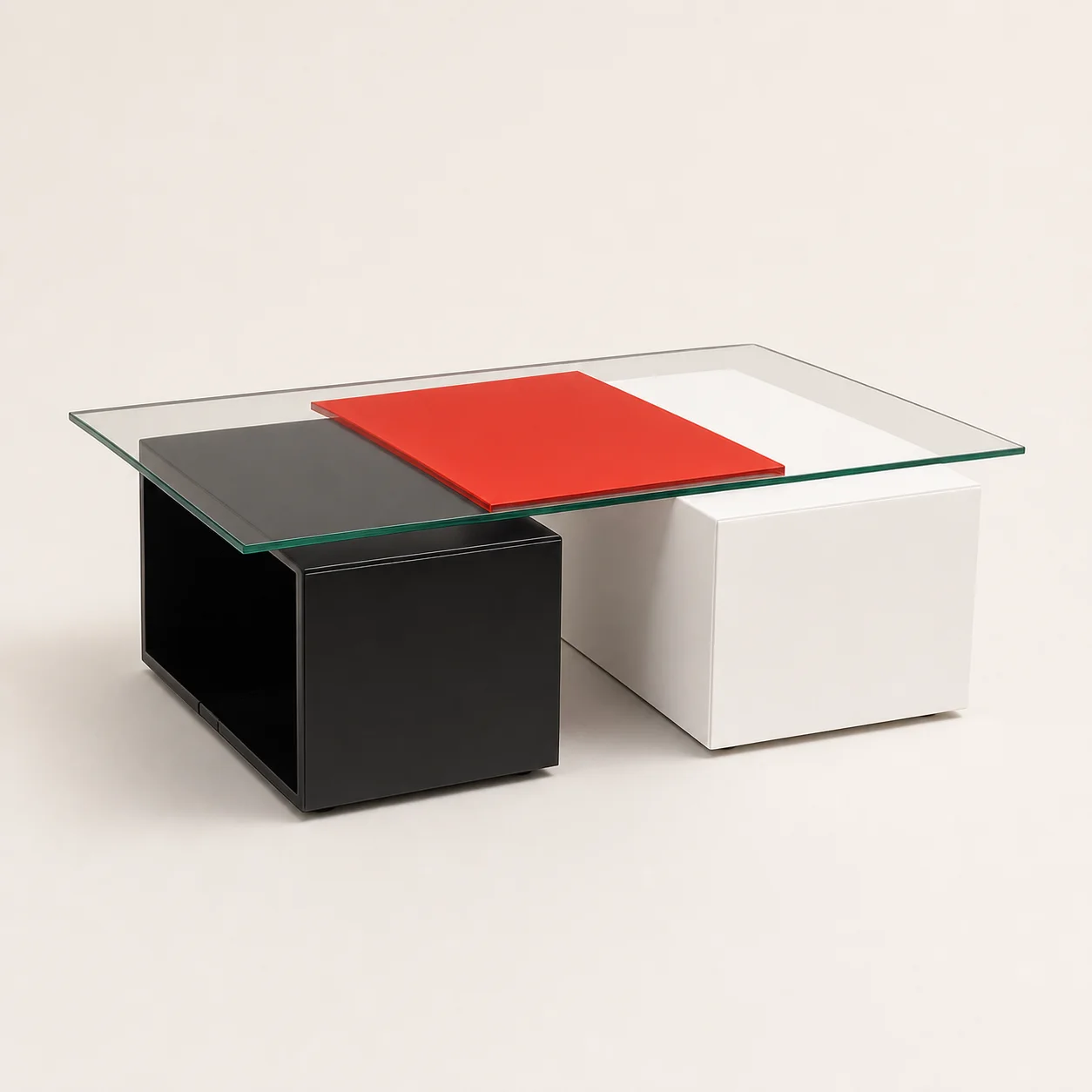 Domino Coffee Table studio concept visual in clear glass, black and white lacquer, red accent