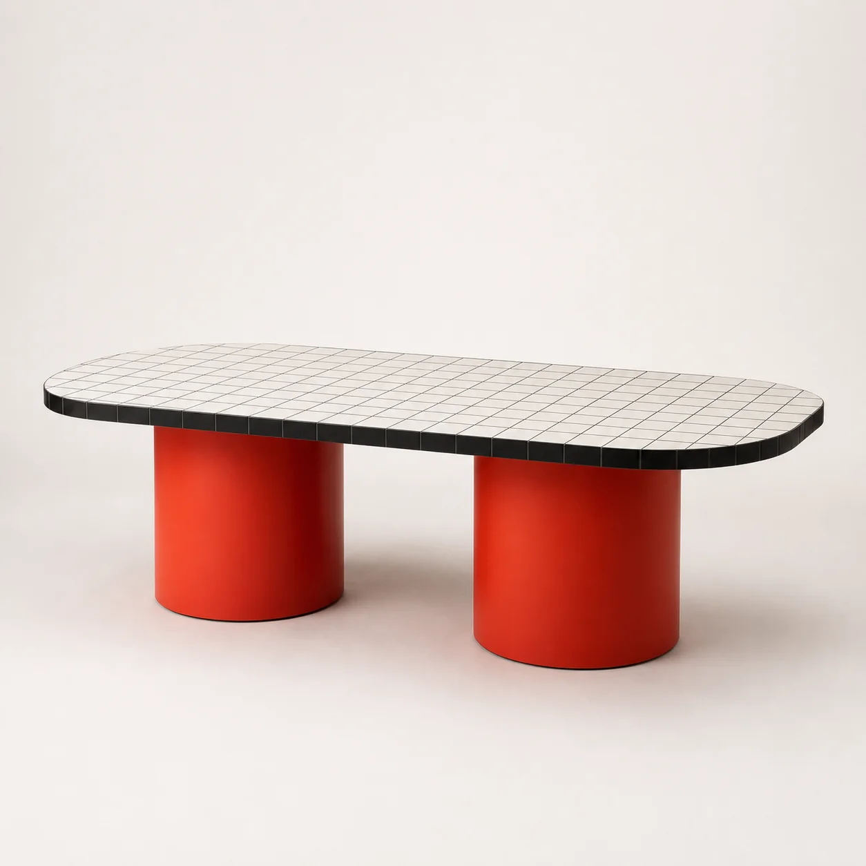 Grid Dining Table studio concept visual in black-white grid, tomato cylindrical bases