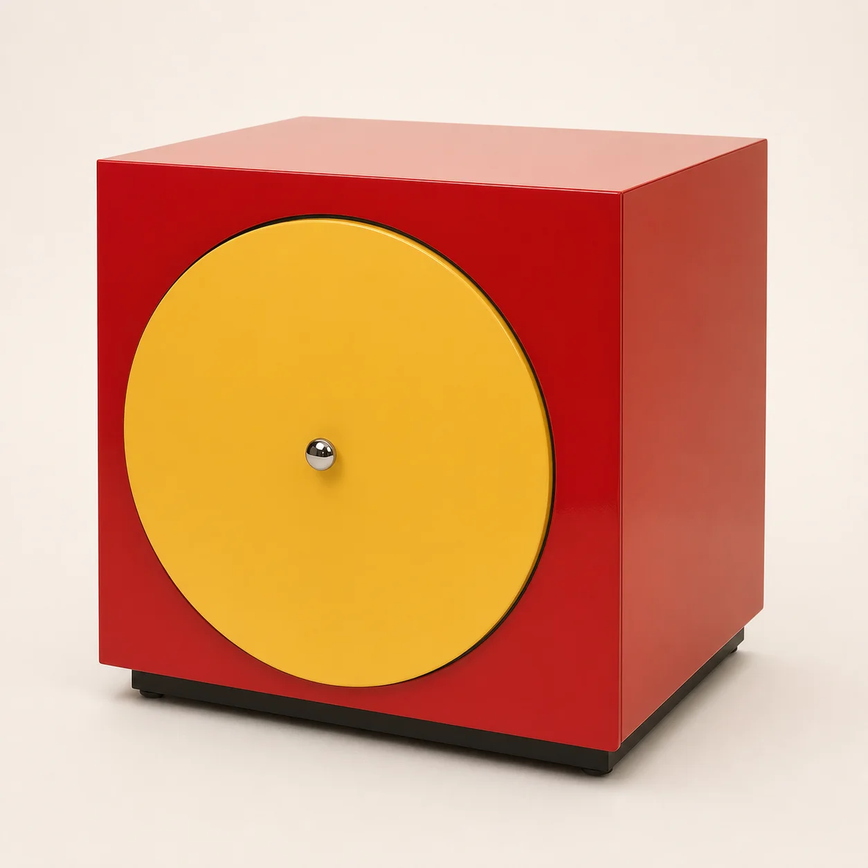 Orbit Nightstand studio concept visual in tomato red, butter-yellow drawer, chrome pull