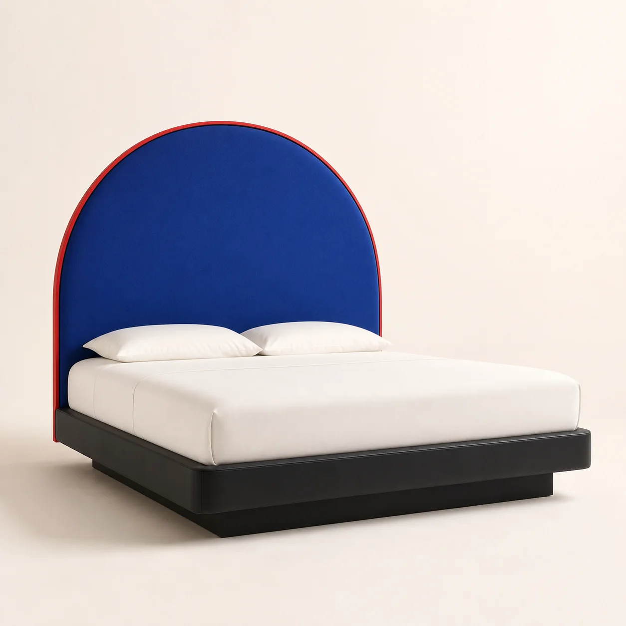 Pixel Arch Bed studio concept visual in cobalt textile, tomato lacquer, black shadow plinth