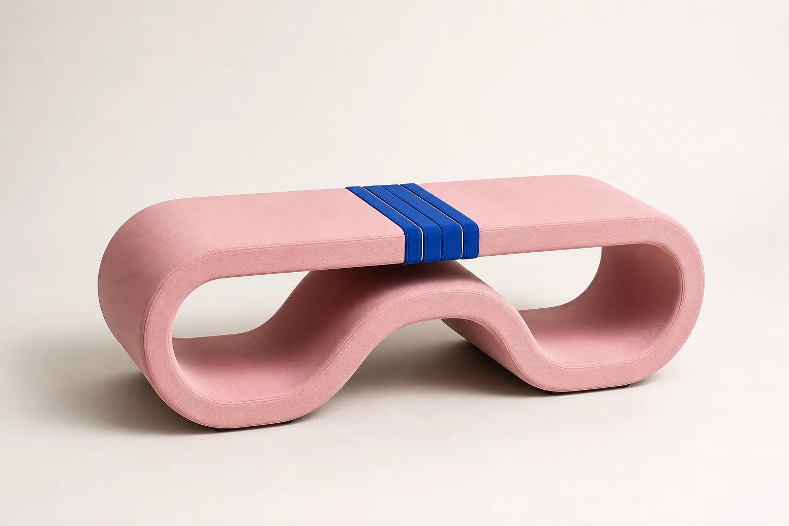 Ribbon Valet Bench studio concept visual in powder-pink upholstery, cobalt luggage strip