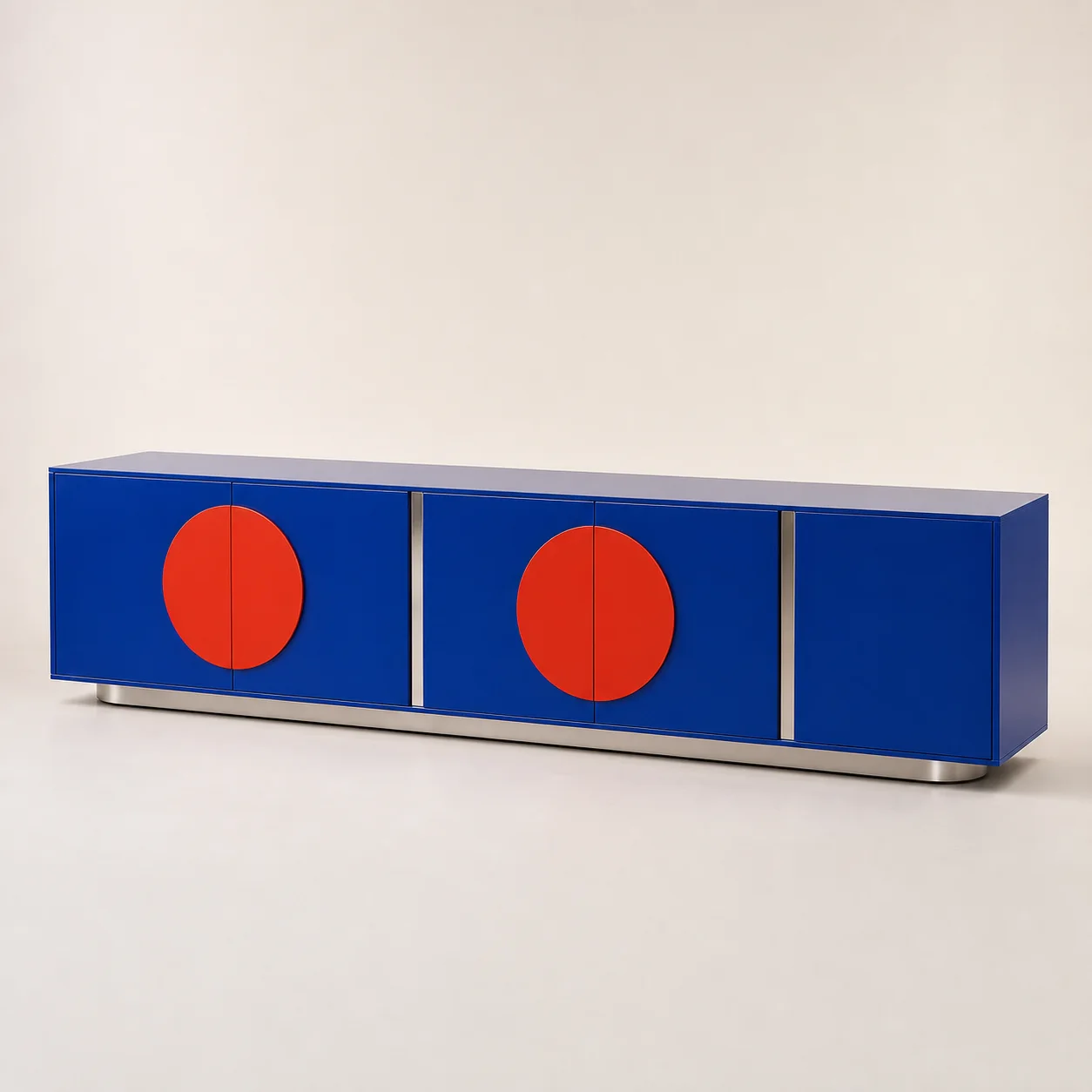 Signal Media Console studio concept visual in cobalt lacquer, tomato doors, polished chrome
