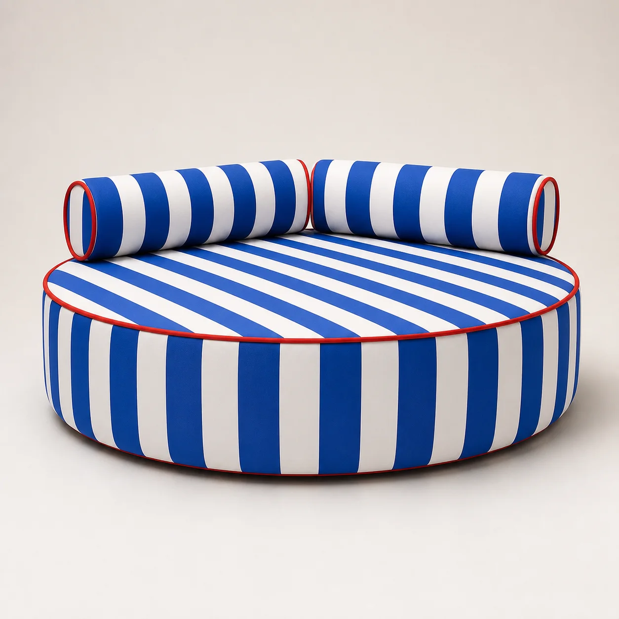 Splash Rooftop Daybed studio concept visual in cobalt-white stripe, tomato piping