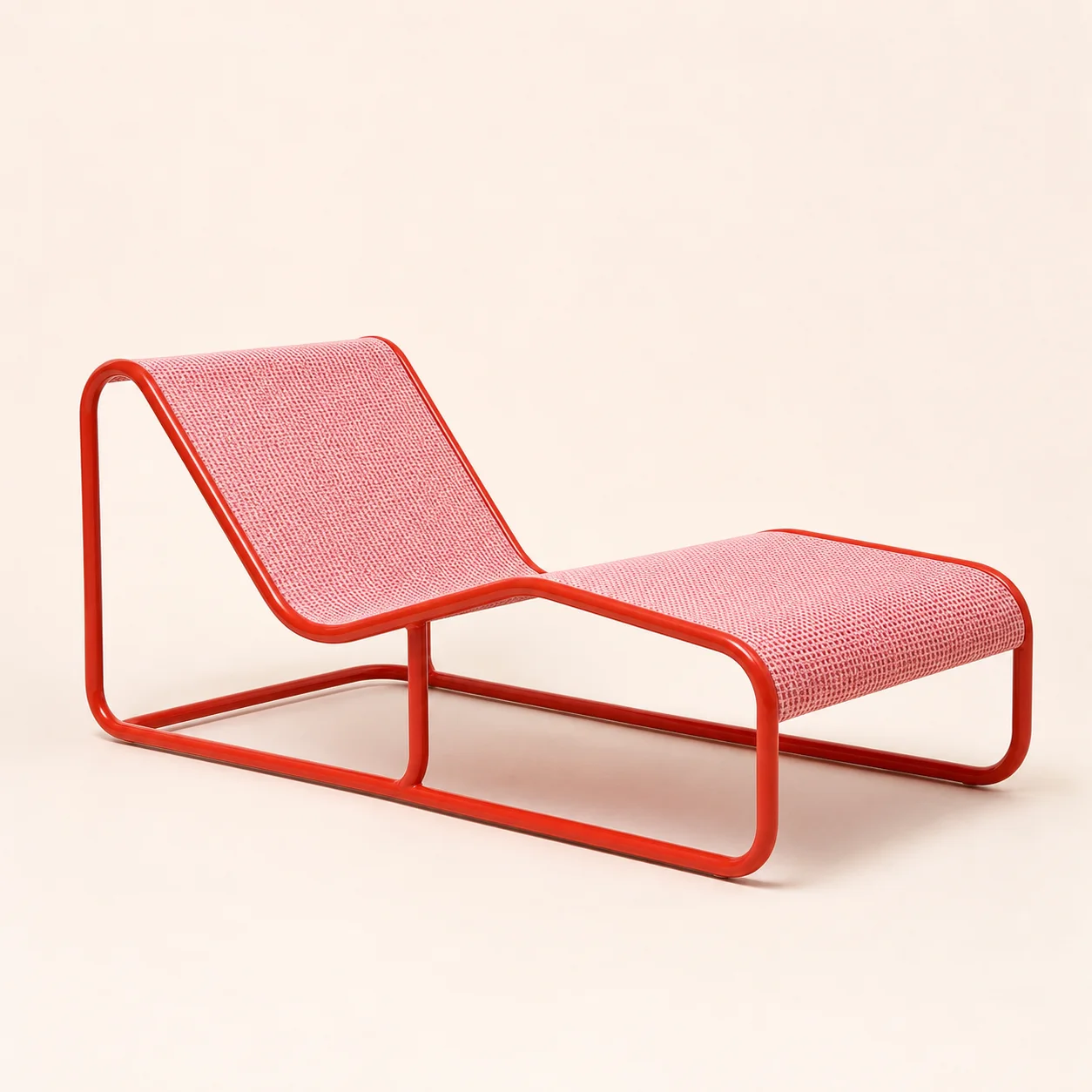 Wave Pool Chaise studio concept visual in tomato frame, pink woven mesh