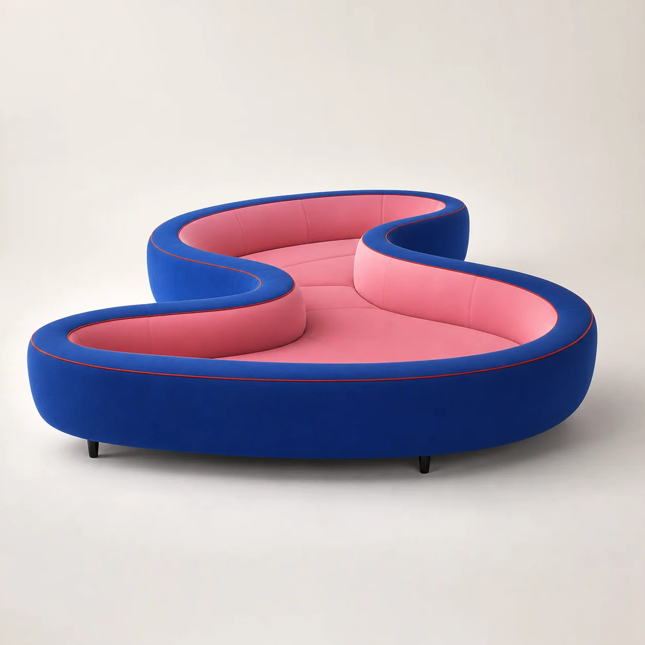 Wink Serpentine Sofa studio concept visual in cobalt outer curve, pink inner curve, red piping