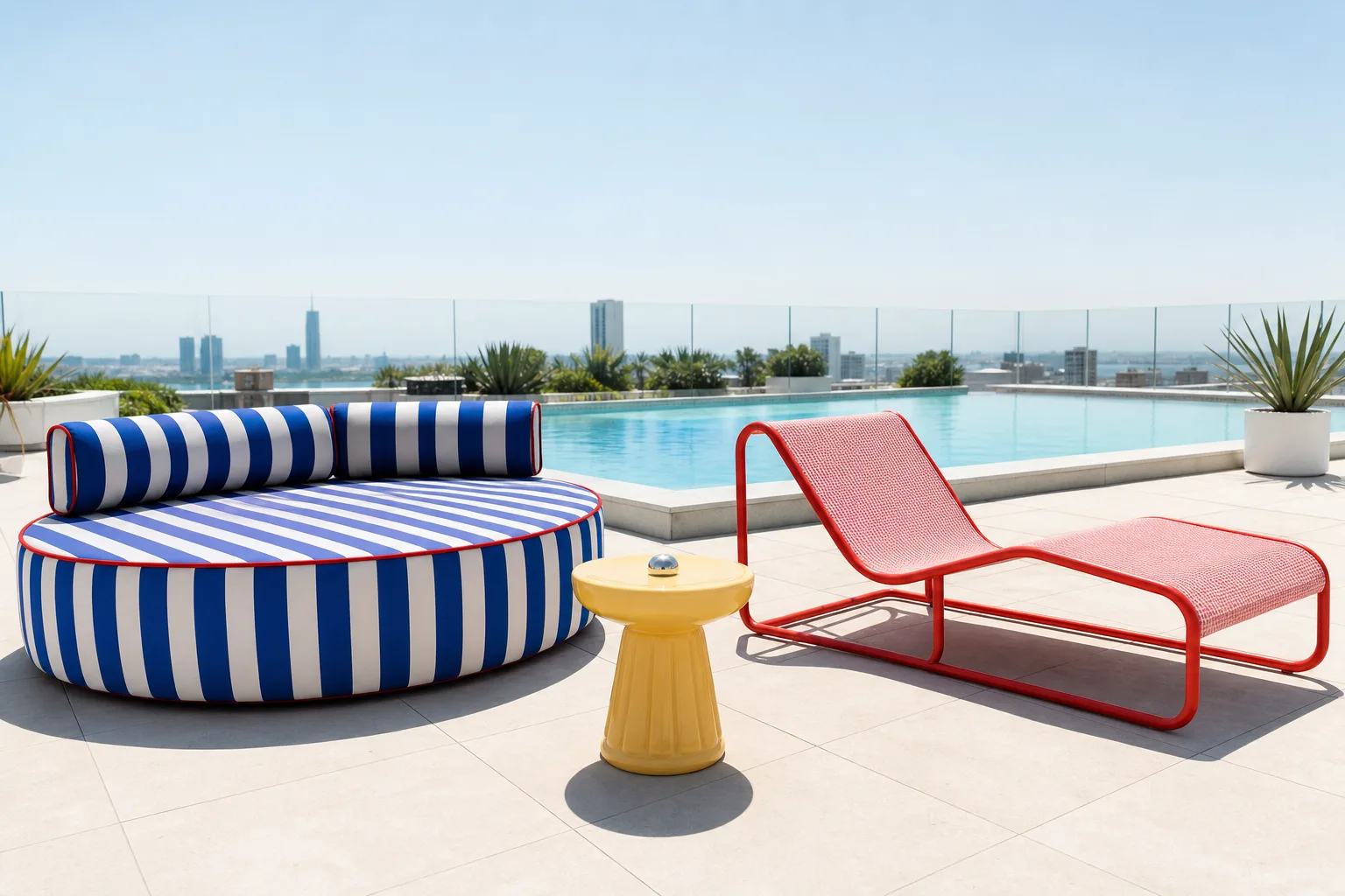 Pop modern rooftop pool club with colourful daybed, side table and wave chaise