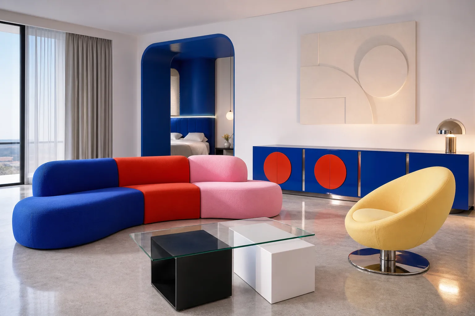 Studio Pop suite with modular colour-block sofa, shell chair and graphic tables