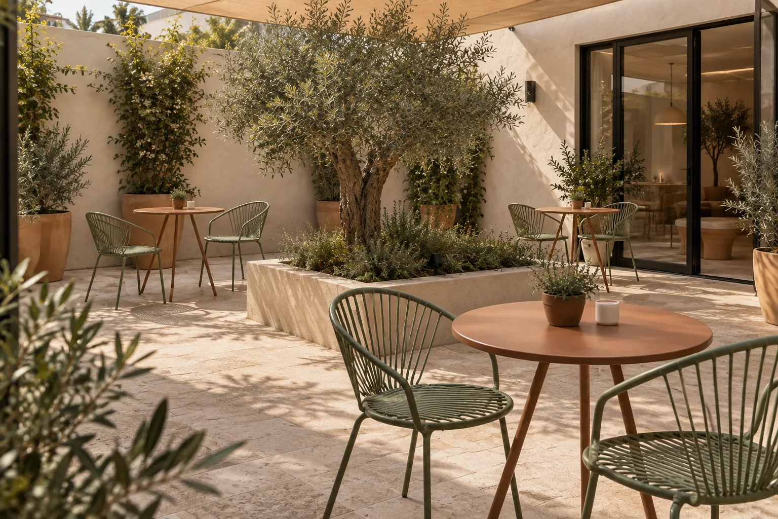Alternative view of a small shaded courtyard café with sage wire chairs and terracotta tripod tables