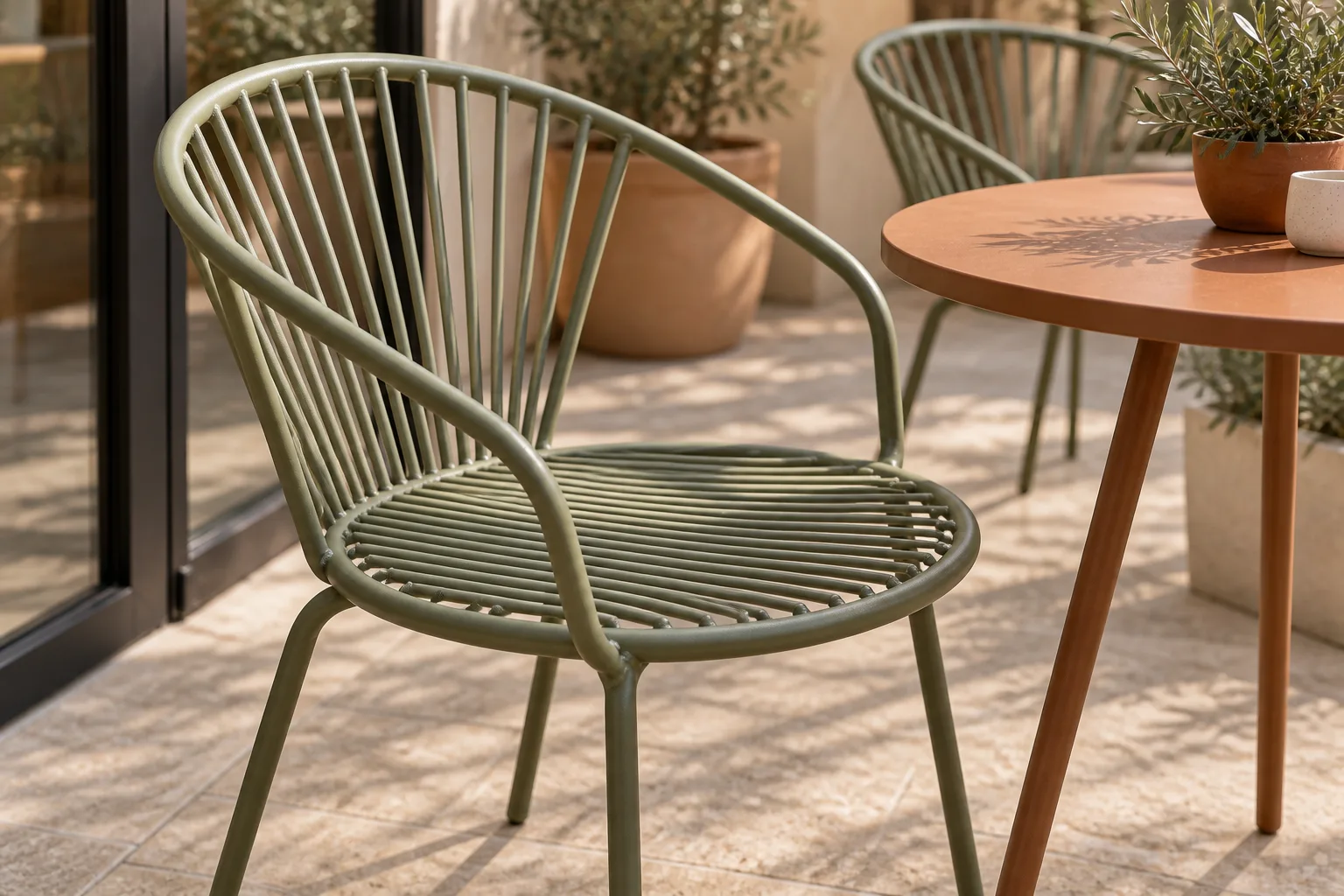 Close view of a sage wire café armchair with rounded radial rod back and circular open wire seat
