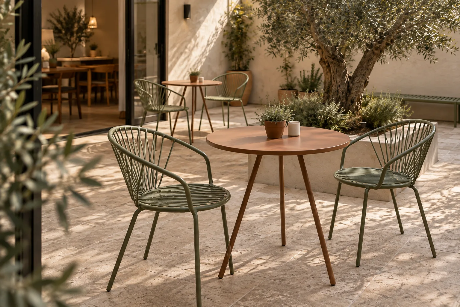 Sage wire café armchairs with radial rod backs and open wire seats around terracotta tripod tables