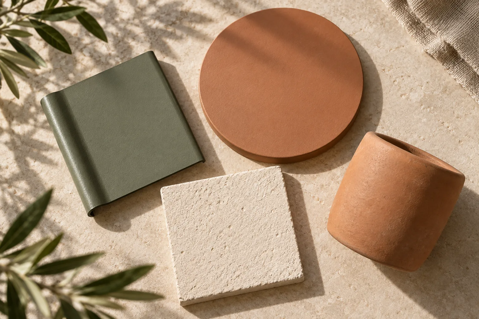 Sage wirework · Terracotta · Warm white physical material sample concept board