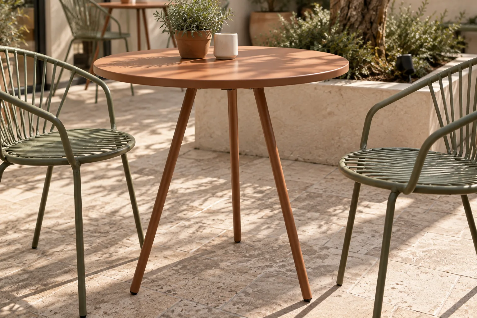Detail of a terracotta-coloured round café tabletop and three slender angled legs