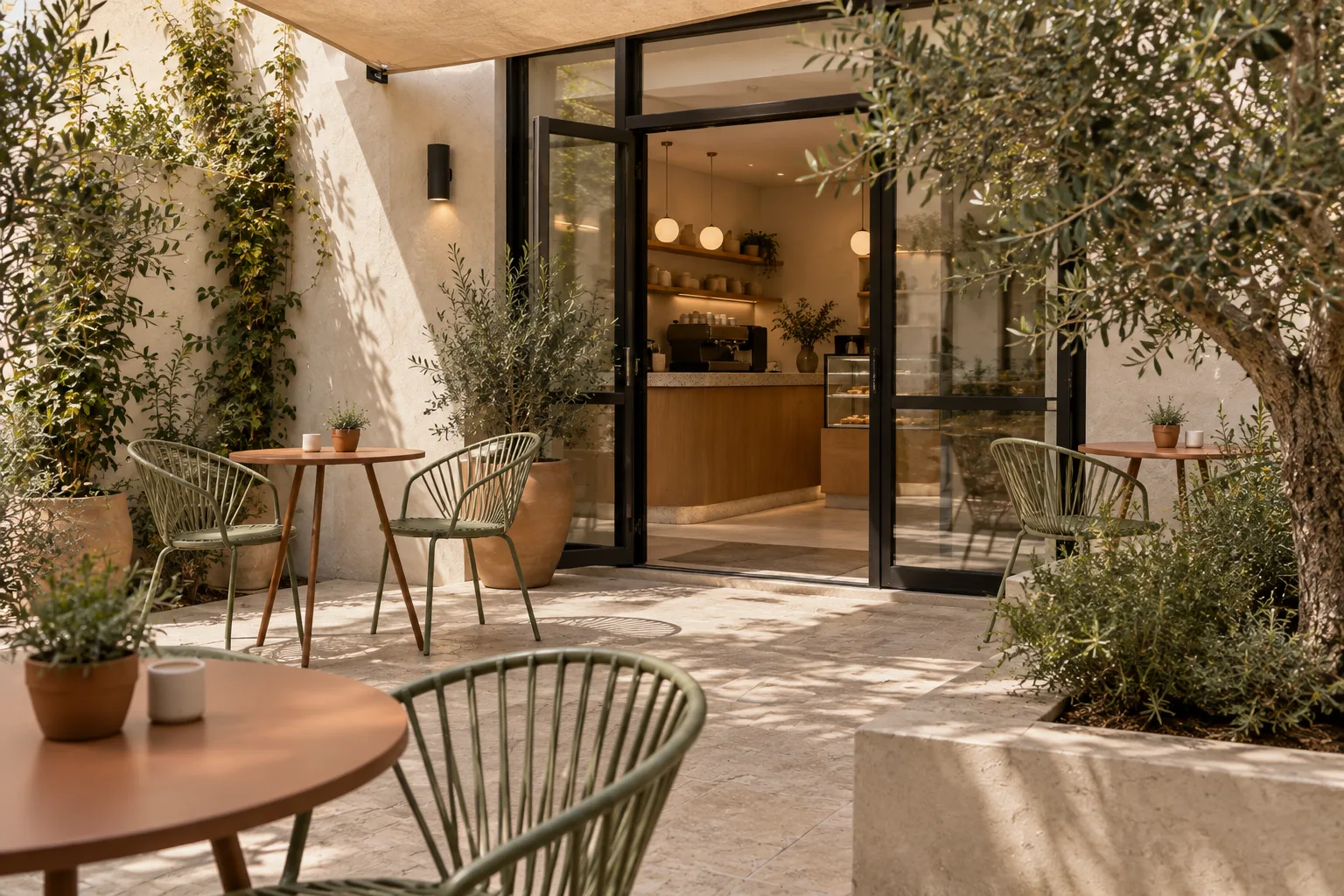 View from a small furnished café courtyard towards the indoor service doorway