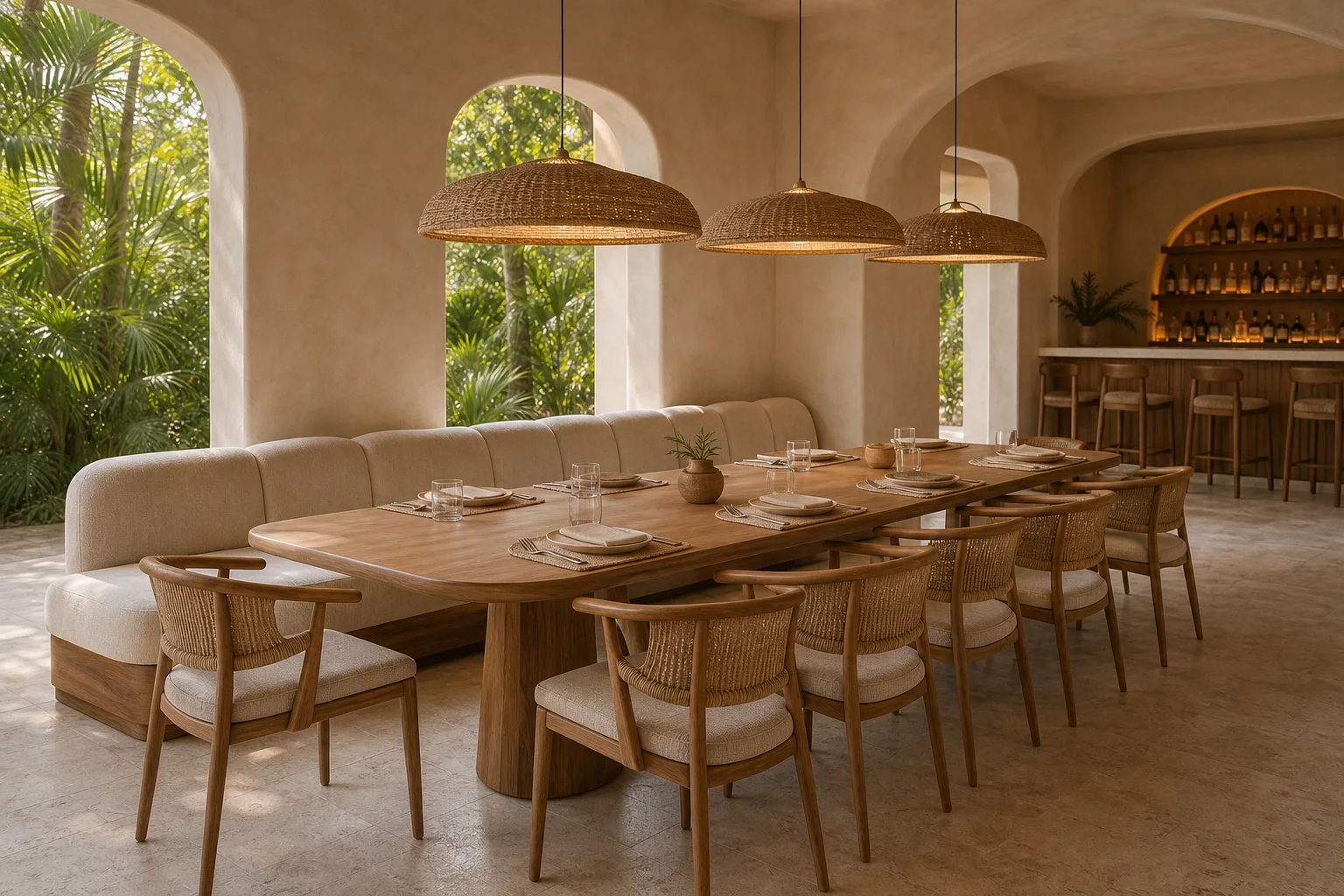 Tropical boho hotel restaurant with timber dining table, woven chairs and basket pendants
