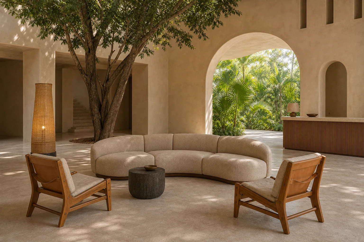 Open-air Tulum-inspired hotel lobby with crescent sofa, sling chairs and tropical garden