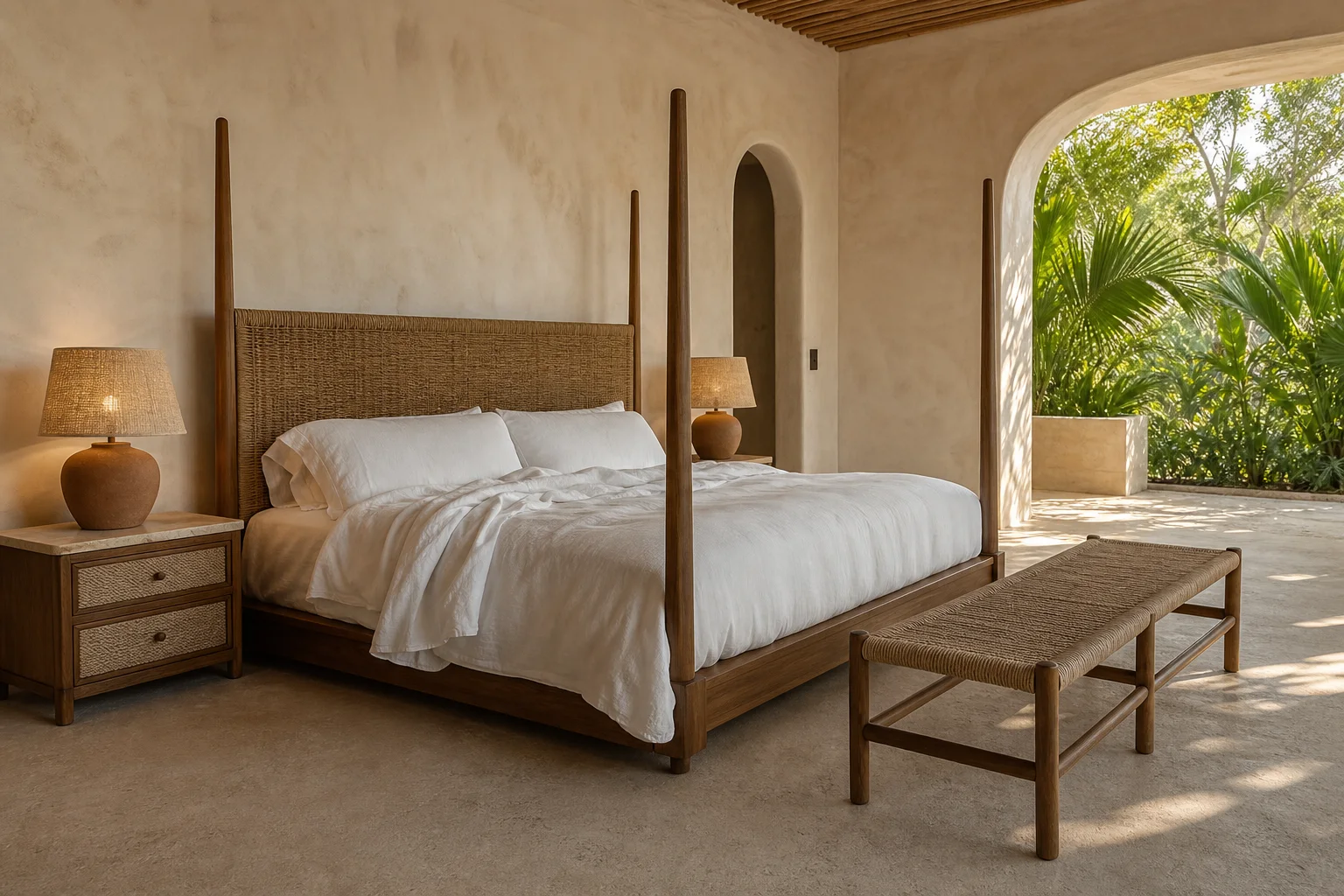 Tulum-inspired boho hotel guest room with timber canopy bed, woven nightstand and limestone floor