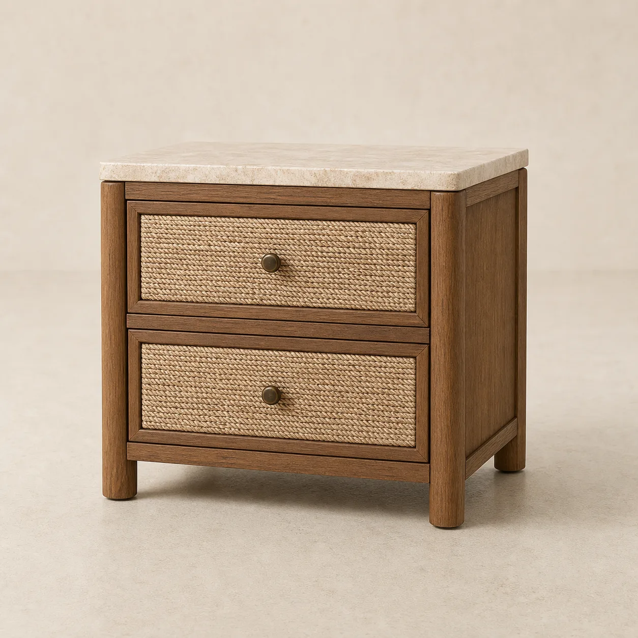Arena Rope Nightstand studio concept visual in honey timber, natural rope, pale limestone