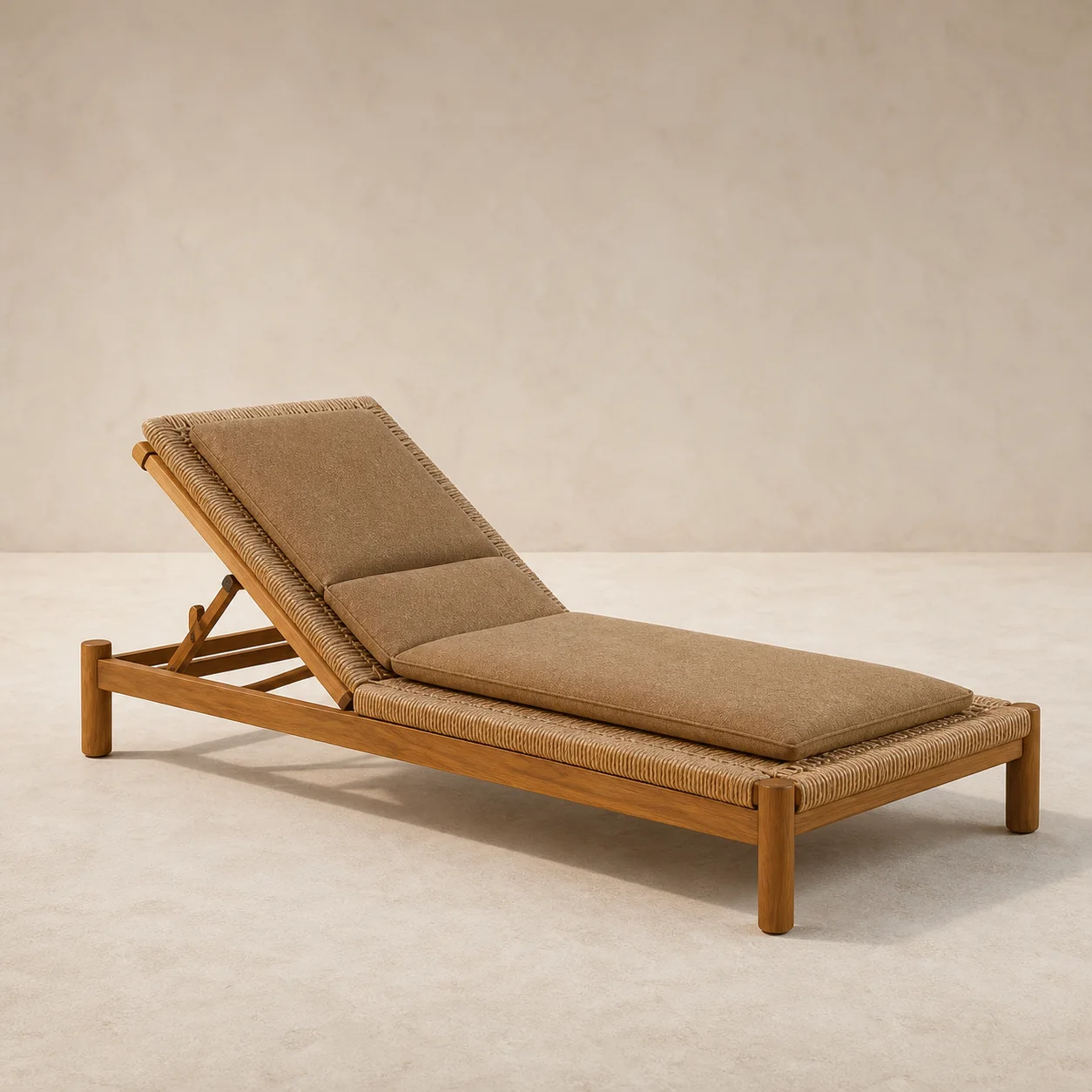 Brisa Rope Chaise studio concept visual in honey teak, natural rope, muted-clay textile