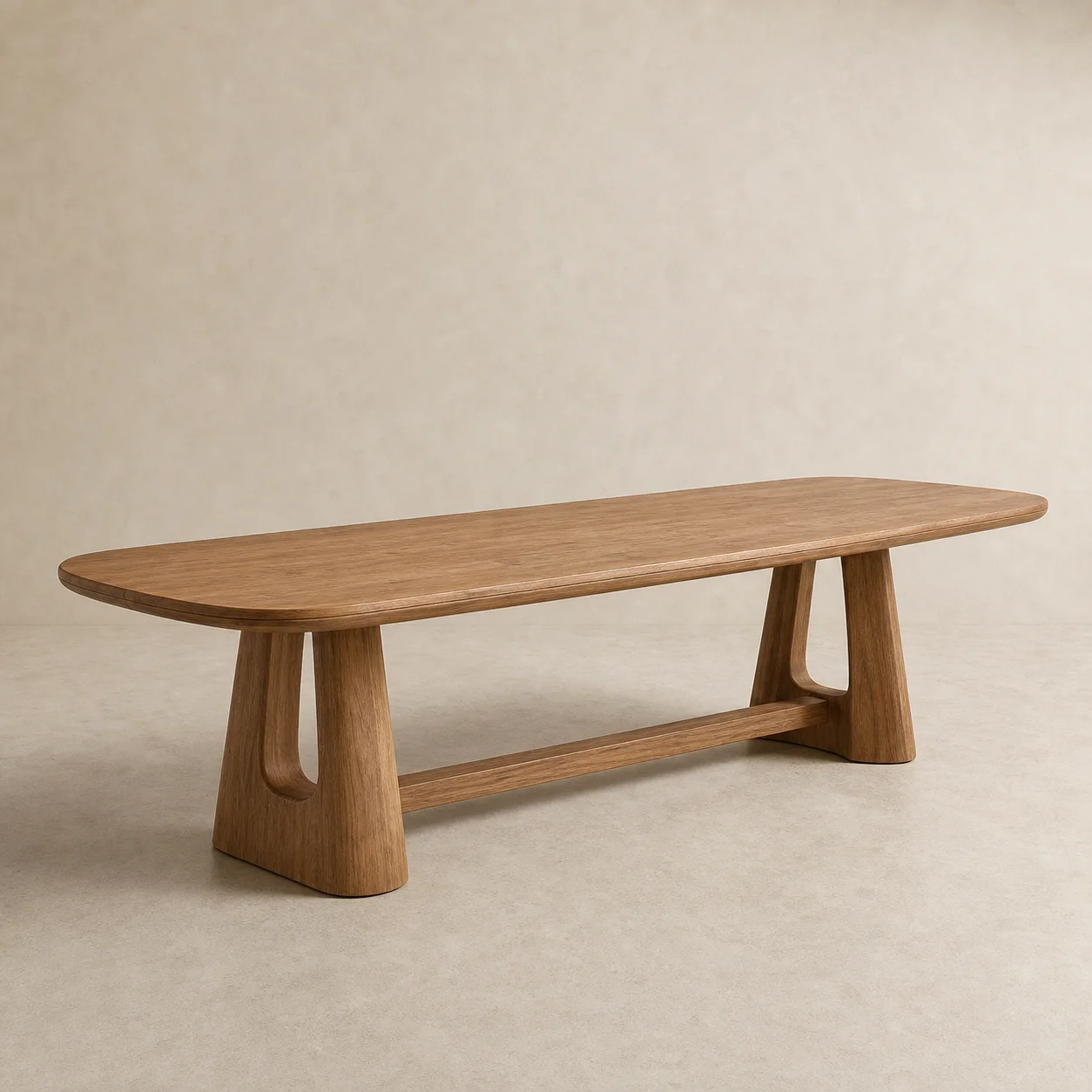 Ceiba Dining Table studio concept visual in honey timber, hand-oiled matte surface