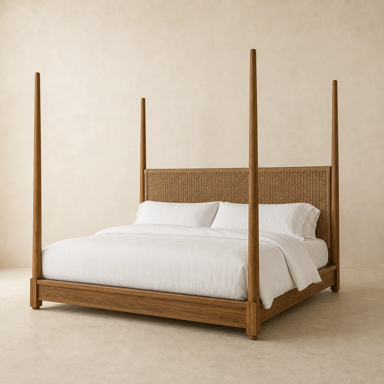 Cenote Canopy Bed studio concept visual in honey timber, natural cord, warm-white linen