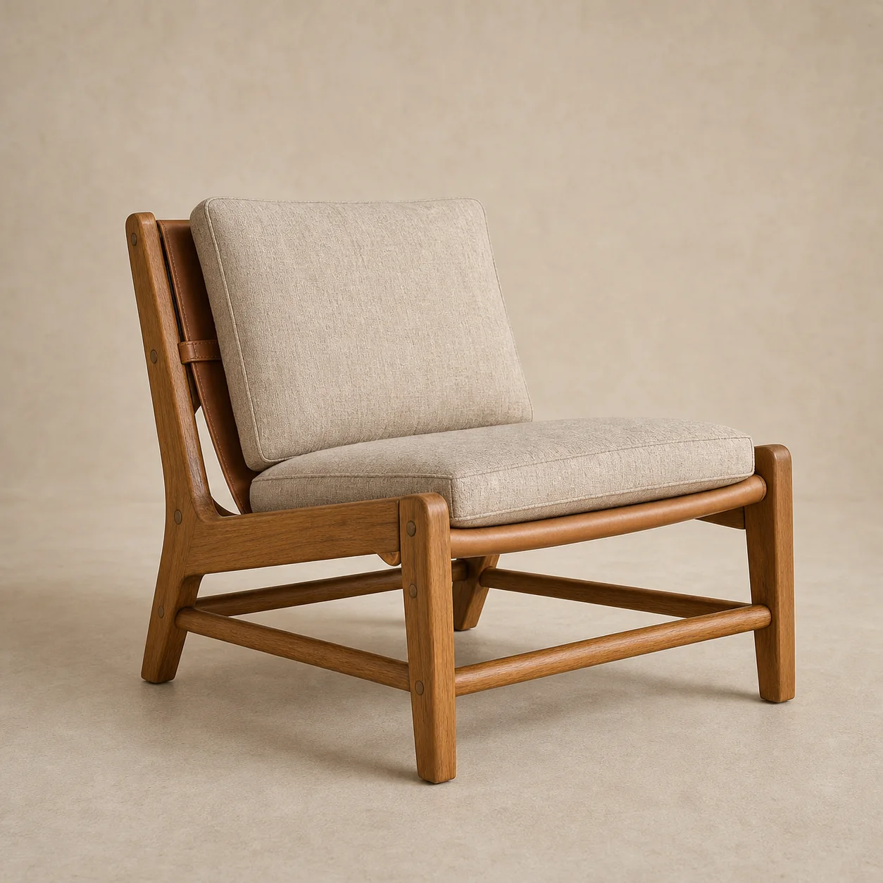 Coba Sling Chair studio concept visual in honey timber, saddle leather, natural flax cushion