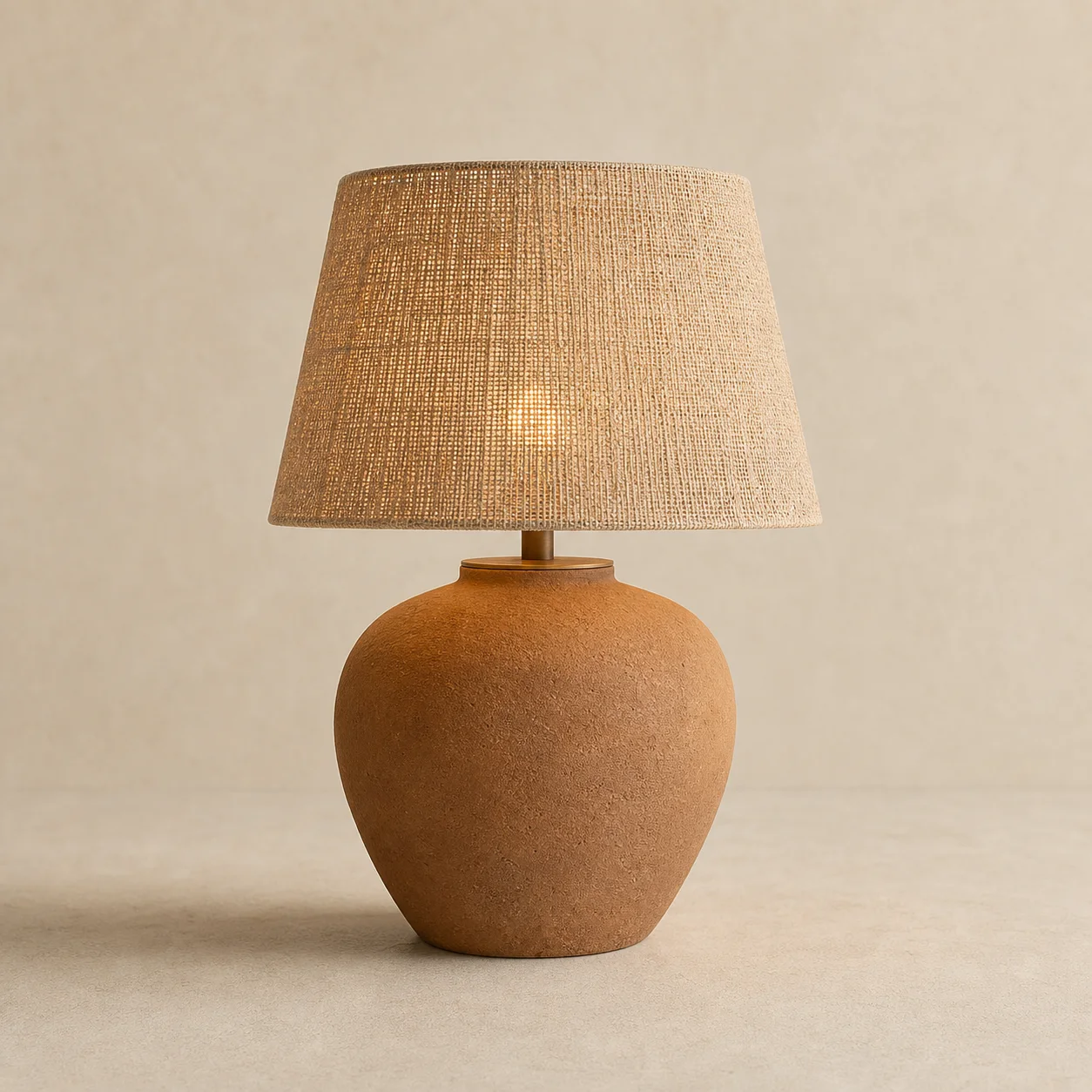 Copal Terracotta Lamp studio concept visual in sun-baked terracotta, flax shade, aged bronze