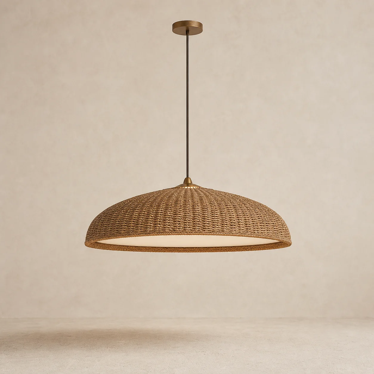 Luna Basket Pendant studio concept visual in natural fibre, dark-bronze suspension, warm opal light
