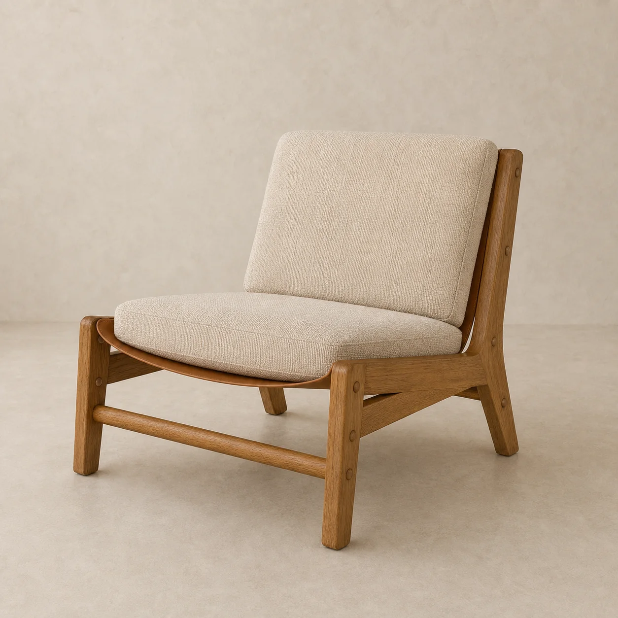 Nido Sling Lounge Chair studio concept visual in honey timber, saddle leather, oatmeal textile