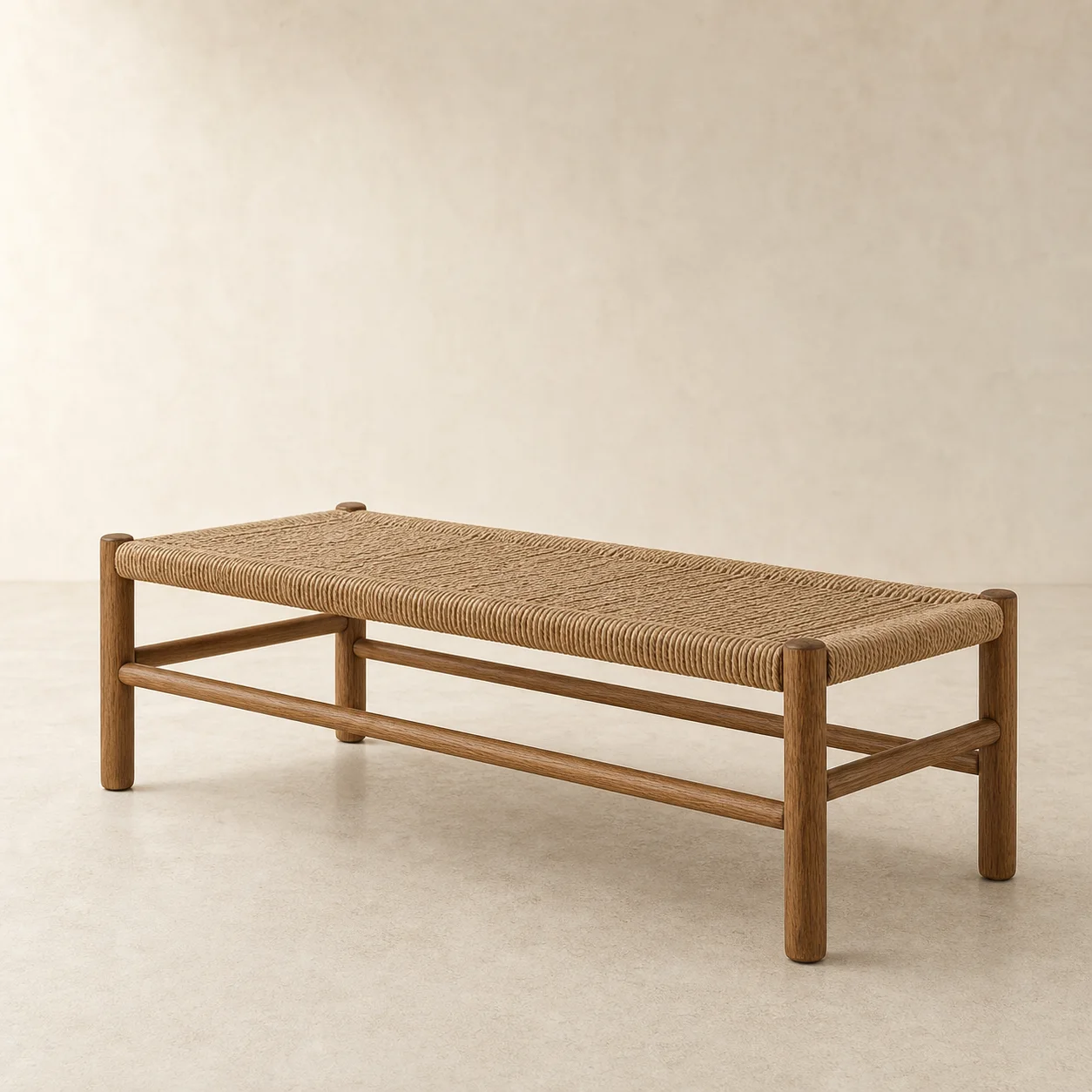 Palma Cord Bench studio concept visual in honey timber, natural cord