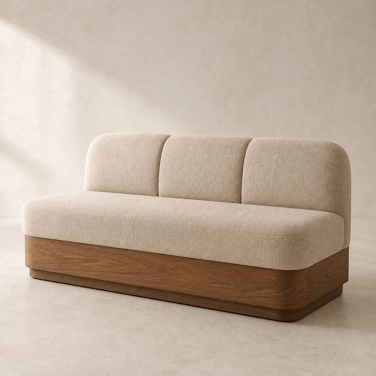 Ritual Banquette studio concept visual in warm mineral textile, honey-timber plinth