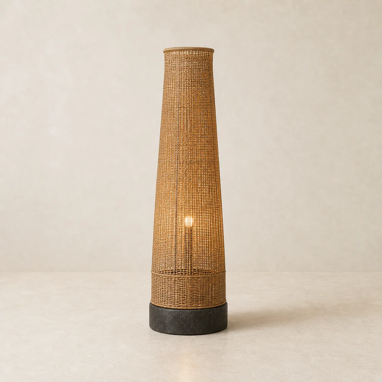 Sol Woven Floor Lamp studio concept visual in natural fibre, dark bronze, charcoal stone