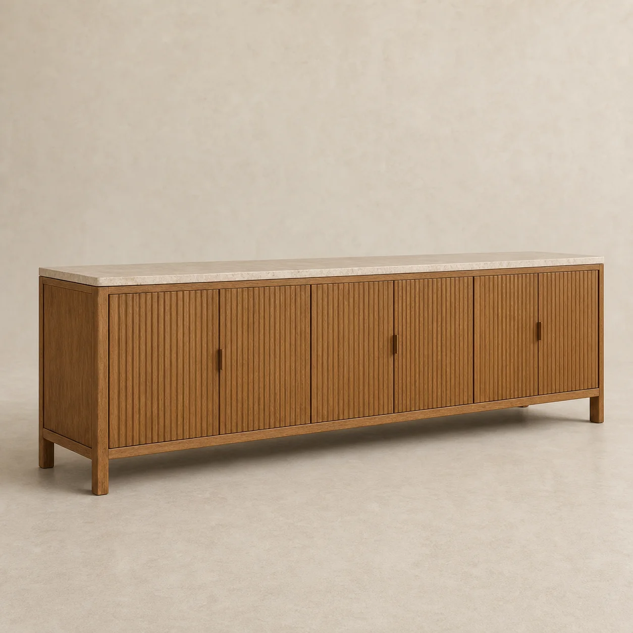 Yuca Carved Console studio concept visual in honey timber, pale limestone, aged-bronze pulls