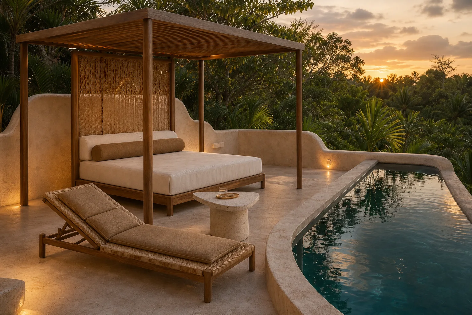 Tulum-inspired rooftop cenote lounge with canopy daybed, rope chaise and reflecting pool