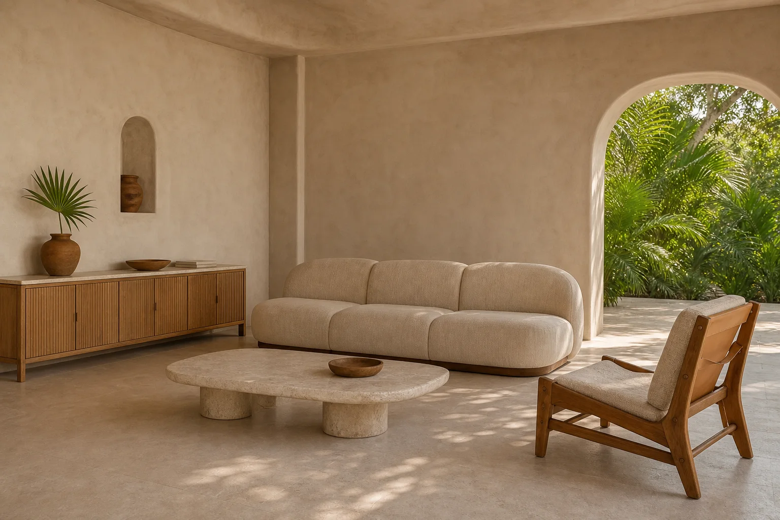 Tulum boho hotel suite with curved linen sofa, timber sling chair and carved console