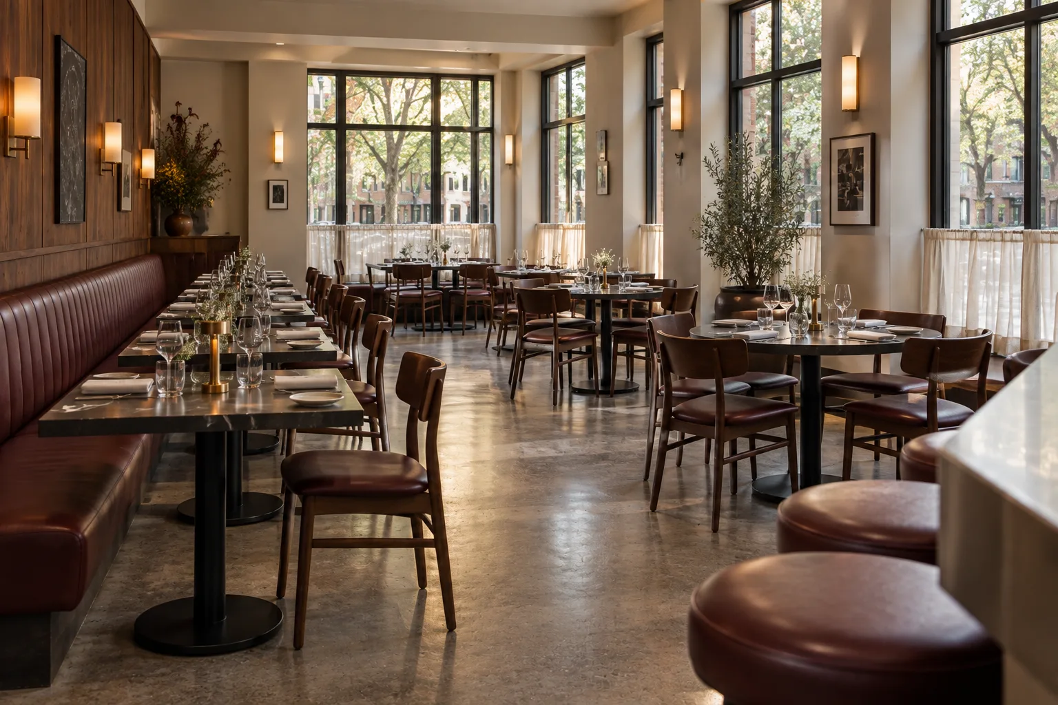 Alternative view across a walnut and oxblood brasserie dining room