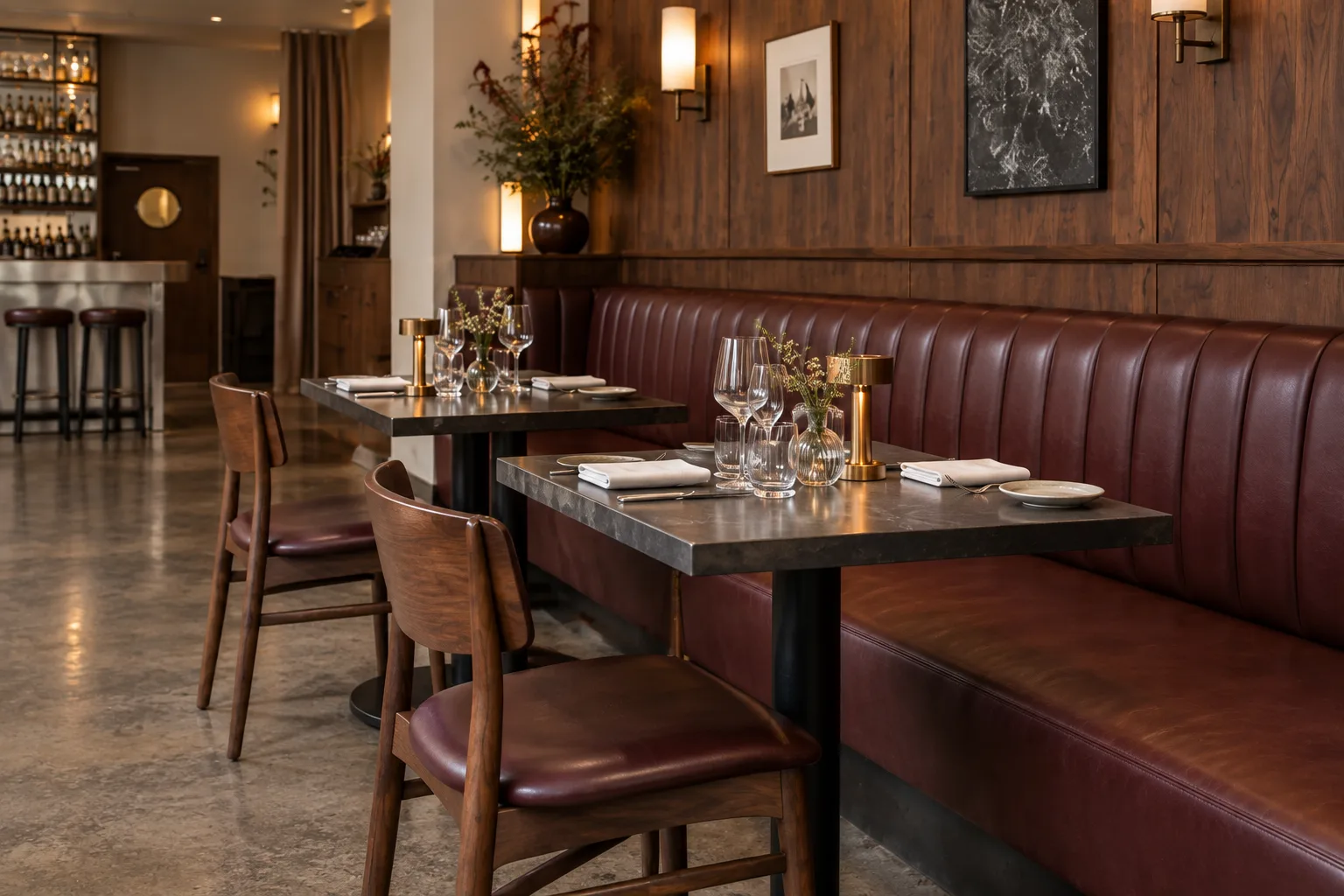 Oxblood restaurant banquette with walnut wall panels and pedestal dining tables