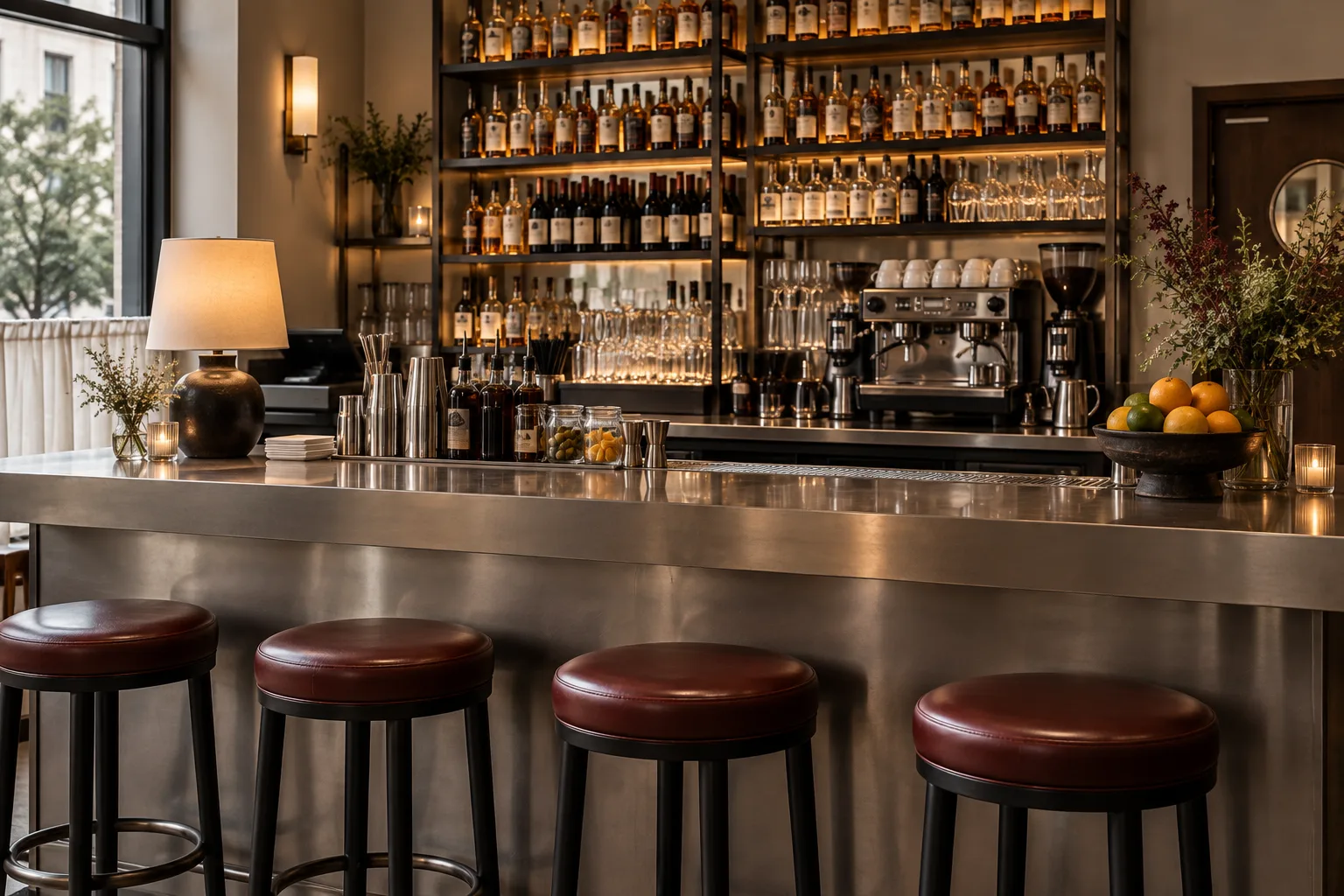 Brasserie bar with brushed steel counter and oxblood upholstered metal stools